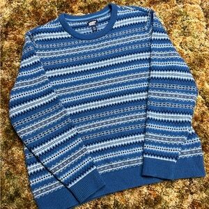 Lands' End Men's Blue and White Striped Crewneck Sweater